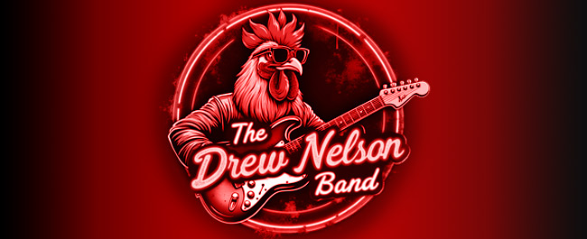 Drew Nelson banner all red circular rooster guitar logo Drew Nelson Band